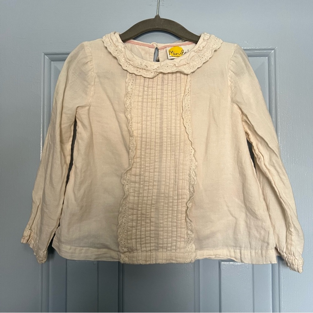 Mini Boden Cream Long Sleeve Collar Top, 2-3Y